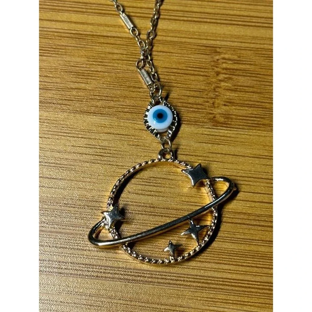 élie Gold Saturn Planet Evil Eye Charm Necklace Celestial NWT New Boho Jewelry